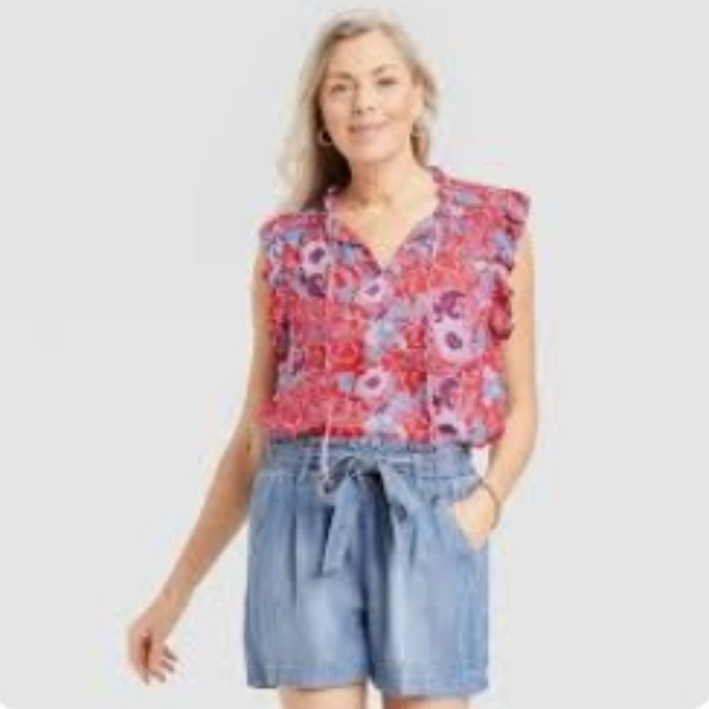 Women's Flutter Short Sleeve Top - Knox Rose - Red Floral Size L New With Tags